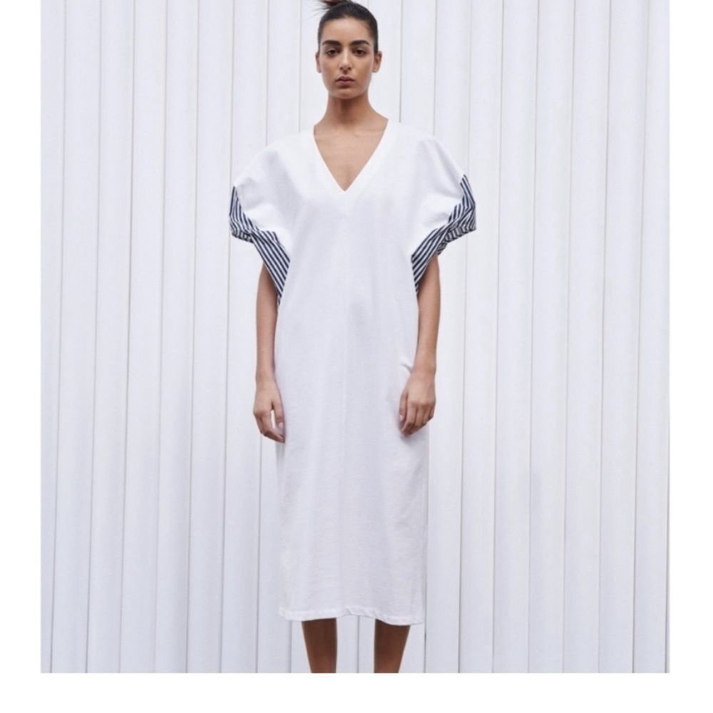 White V-Neck Midi Dress with Stripe Detail